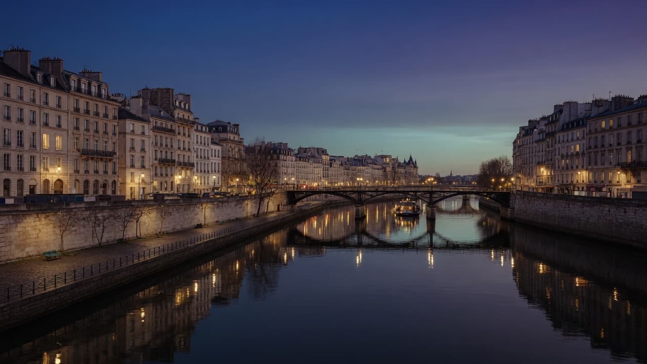 The Seine at blue hour with limestone façades and a quiet bridge