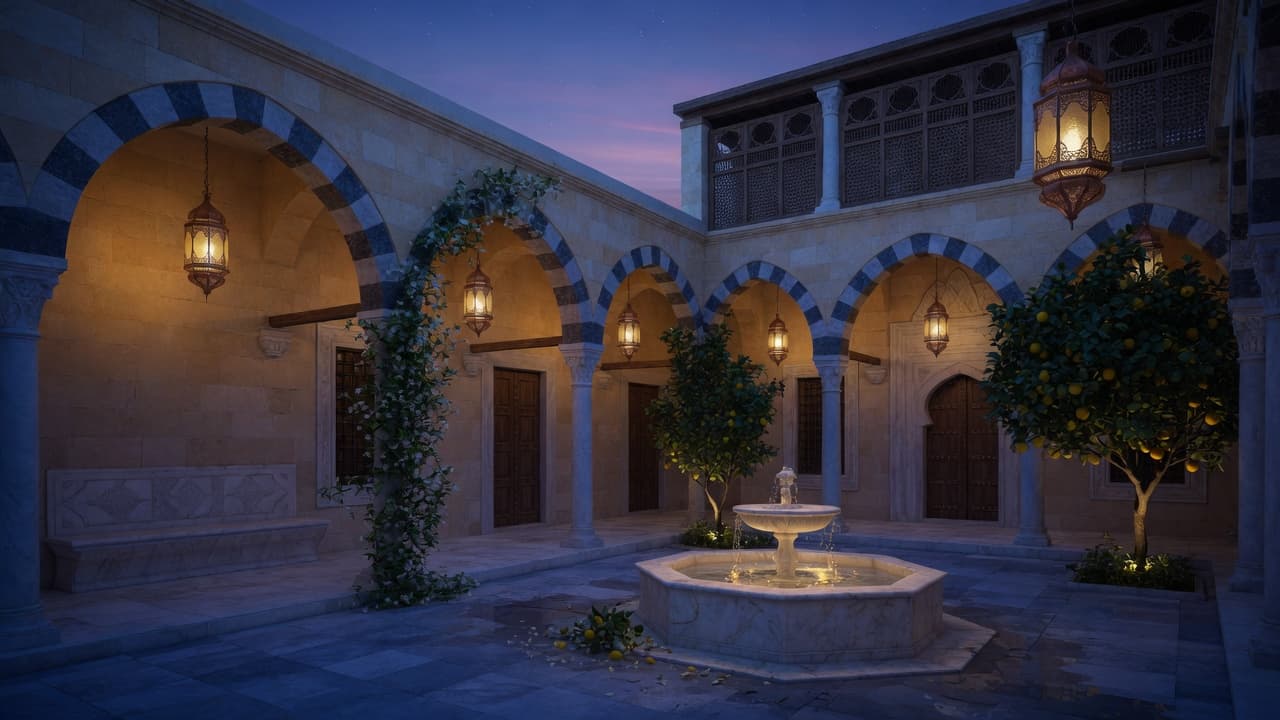A quiet Damascene courtyard at dusk with stone arches, lanterns and a fountain
