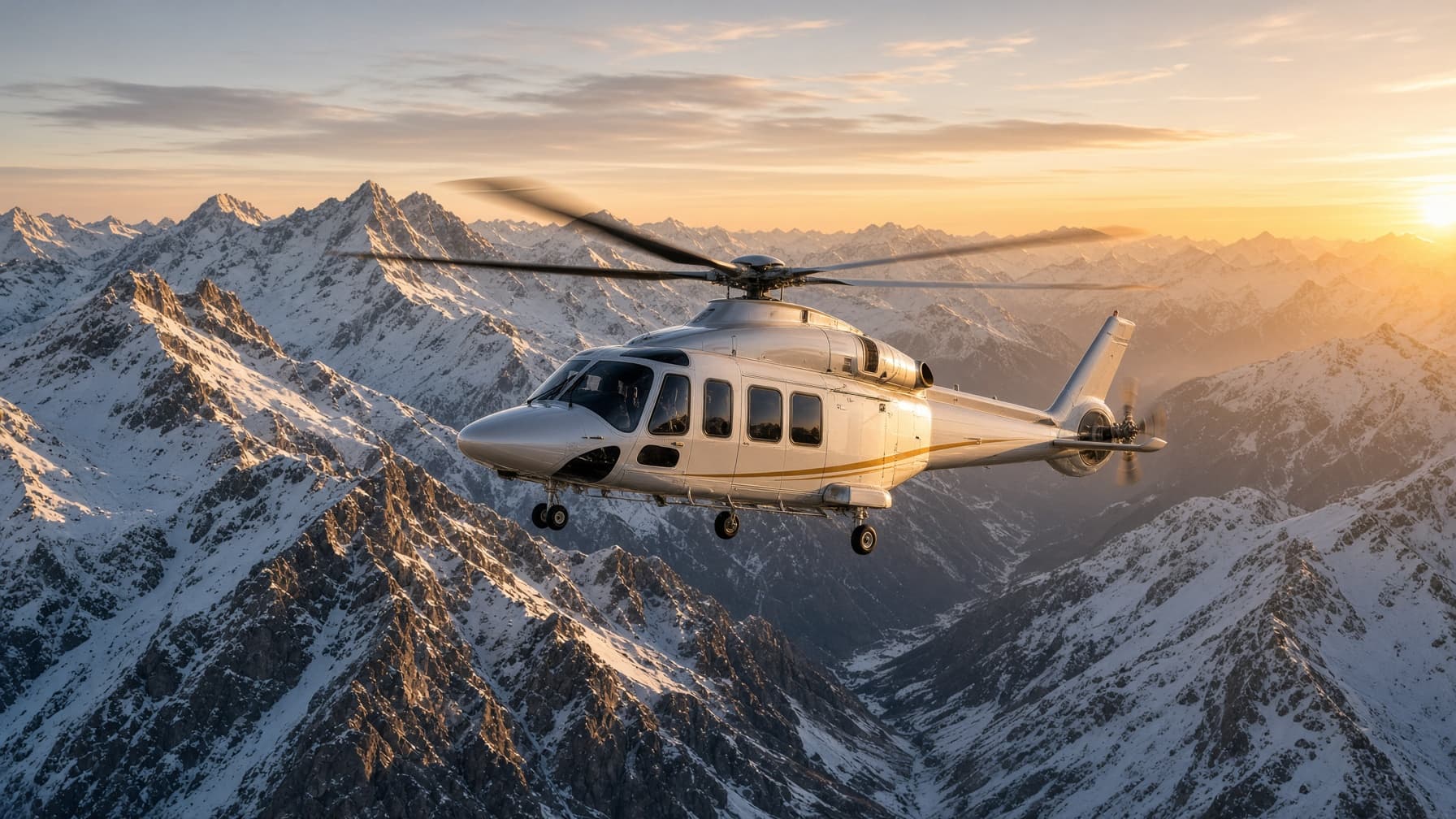 Pearl VIP helicopter over snow-capped Alps in sunrise gold light