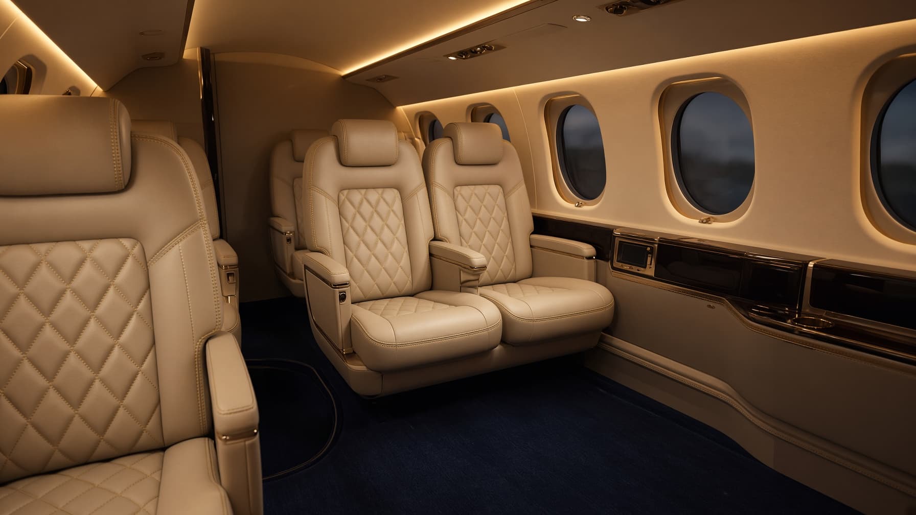 VIP helicopter cabin in champagne leather with gold light