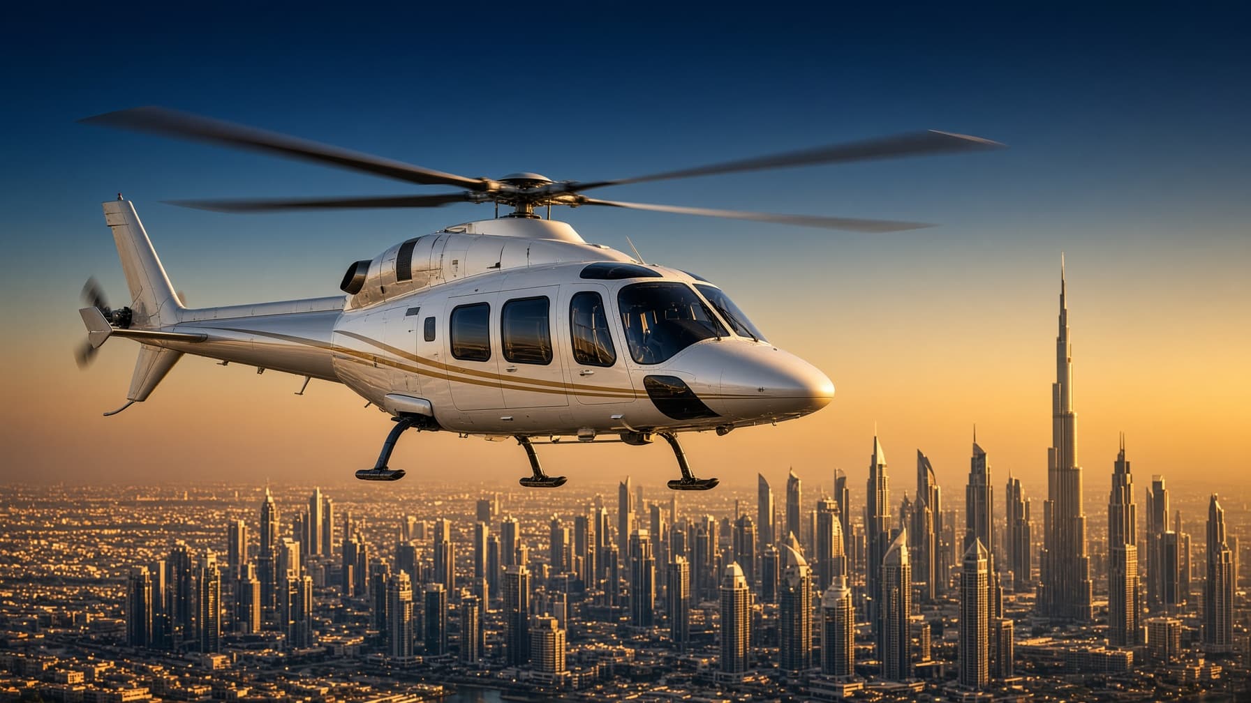 Pearl-white VIP helicopter above a gold-lit Dubai skyline at dusk