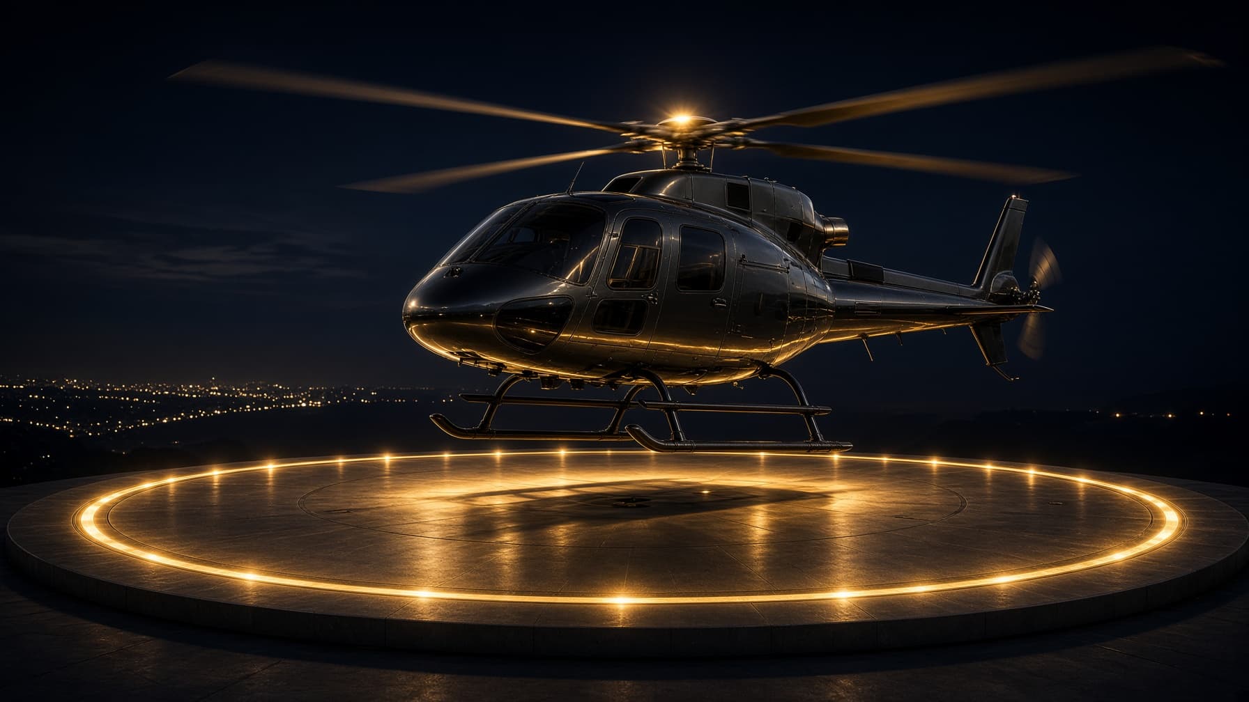 Luxury VIP helicopter approaching a gold-lit helipad at night