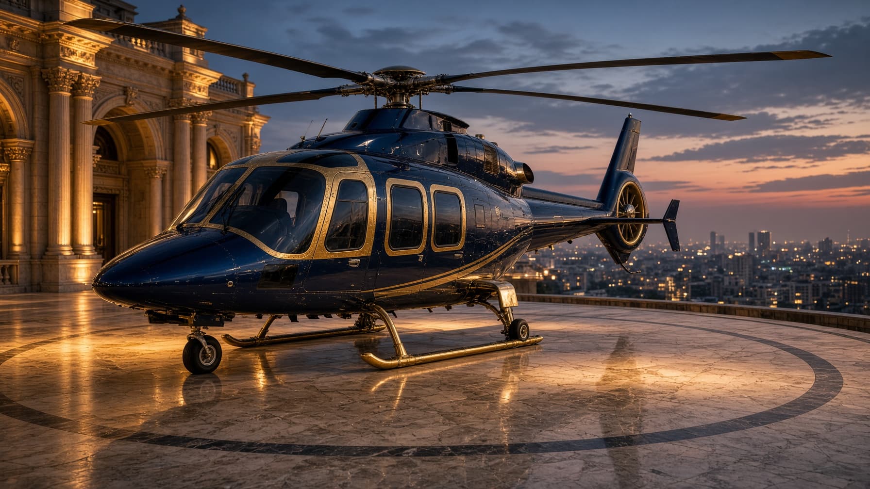 Navy and gold executive helicopter on a palatial rooftop helipad at dusk