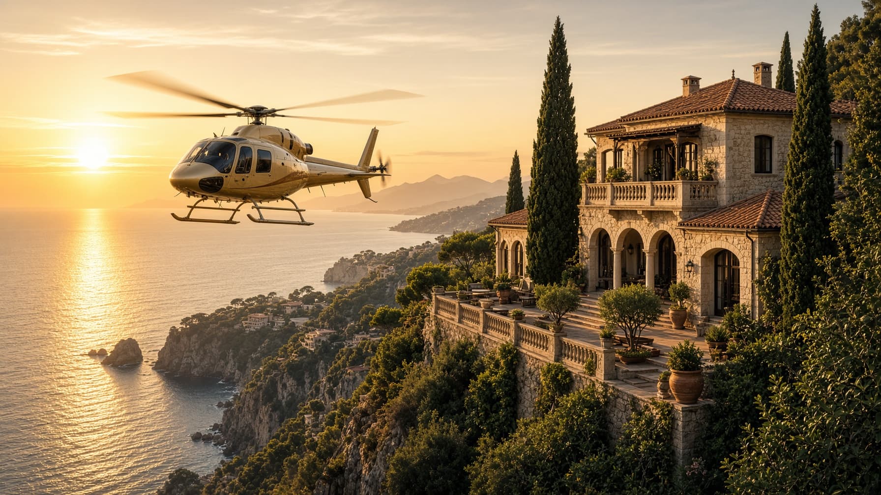 Cream and gold VIP helicopter approaching a Côte d’Azur cliffside villa at sunset