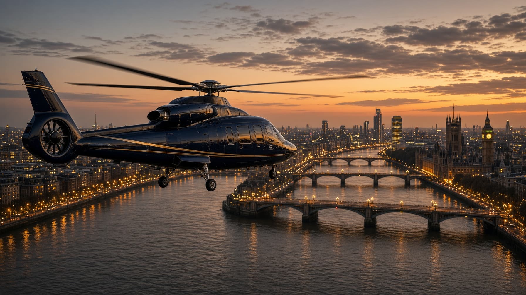 Cabin-class navy VIP helicopter over the Thames at amber dusk