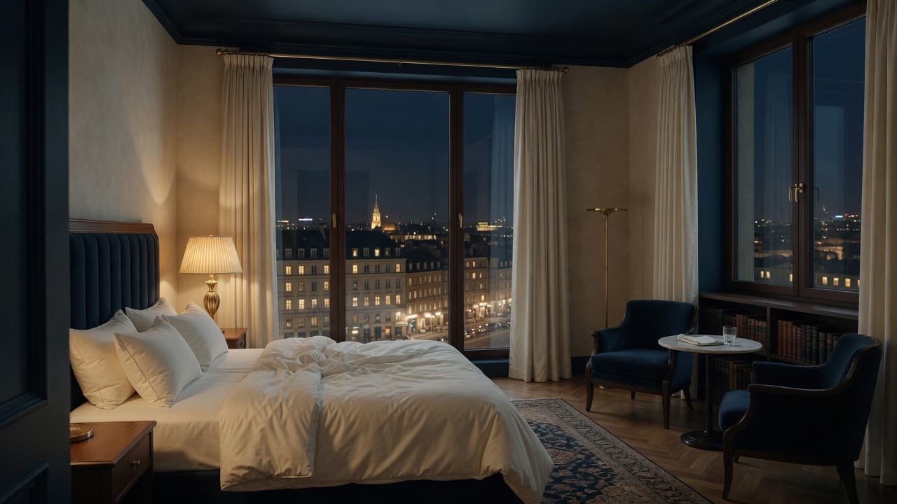 A quiet hotel suite at night with city lights beyond ivory curtains